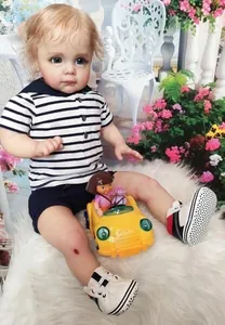 Detailed realistic skin texture and curly blonde hair of a toddler boy reborn doll