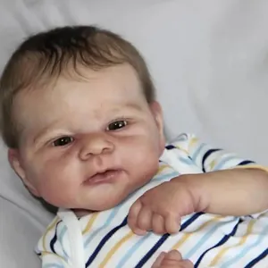 Realistic Reborn Baby Doll 46cm Soft Silicone Handmade 3D Skin Texture Hand Rooted Hair Striped Outfit Newborn Simulation Toy Gift