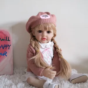 55cm lifelike reborn baby doll with blonde braids in pink cardigan and beret