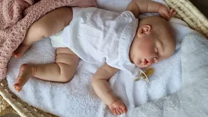 Detailed skin texture and 3D veins on 22-inch sleeping reborn baby doll in a basket