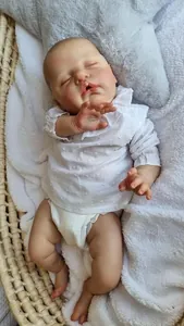 Detailed view of lifelike 22-inch reborn doll with realistic skin texture in a basket