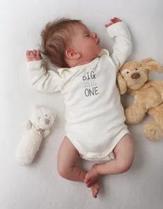 Detailed close-up of 18 inch realistic reborn baby doll Sam wearing dream big romper