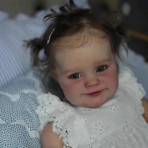 Realistic 60cm reborn baby girl doll Maddie in white lace dress with hand-rooted hair