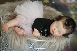 Detailed view of sleeping reborn baby doll in pink tutu skirt and iron basket