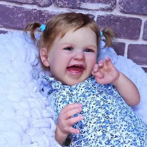 Poupée bébé reborn réaliste 60cm fille avec couettes et robe à fleurs bleues