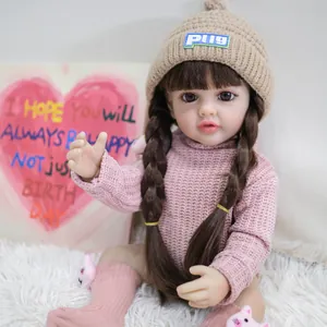 Lifelike 55cm reborn baby girl doll in pink knit sweater and stylish khaki beanie hat