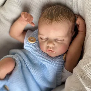 Realistic Reborn Baby Doll Full Silicone Vinyl Body Sleeping Newborn In Light Blue Knit Outfit With Magnetic Pacifier Hand Painted Hair