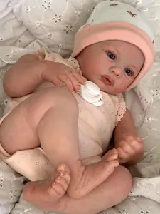Detailed realistic features of 48cm reborn baby doll with blue eyes and knit hat
