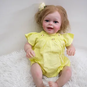 Realistische Reborn Babypuppe Weiche Silikon Vinyl Baumwollkörper Gewichtete Lebensgröße Blonde Lockige Haare Mädchen Puppe Gelbes Kleid