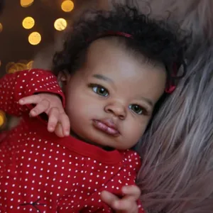 Lifelike 50cm black skin reborn baby doll Lanny with curly hair and red polka dot outfit