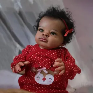 Realistic Dark Skin Reborn Baby Doll Soft Silicone Limbs Cloth Body Hand Rooted Curly Hair Reindeer Polka Dot Outfit For Kids