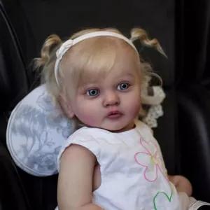 Realistic 60cm reborn baby doll with blonde curls, blue eyes, and floral white dress