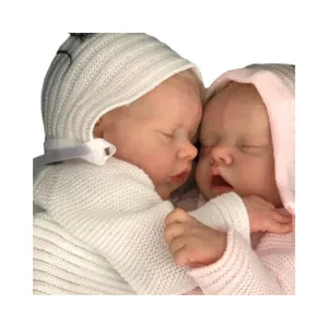 Lifelike 48cm reborn twin baby dolls in pink and white knitted outfits and hats