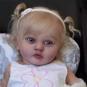 Realistic Reborn Baby Doll Hand Painted Soft Silicone Cotton Body Blond Hair Blue Eyes With Floral Dress Plush Toy Sheep