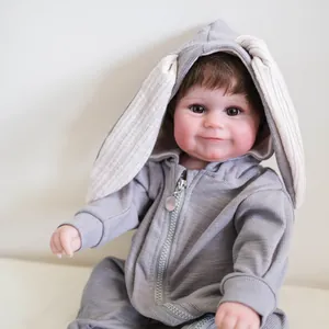 50cm realistic Reborn Doll Maddie with brown hair in a grey rabbit-ear hoodie