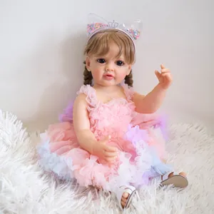 55cm lebensechte Reborn Baby Puppe im rosa Tüllkleid mit Pailletten Katzenohren-Stirnband