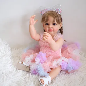 Realistische Reborn Baby Puppe Vollsilikon Vinyl Waschbares Mädchen Spielzeug Mit Rosa Netzkleid Katzenohren Stirnband Geschenk