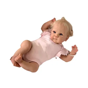 Lifelike 18-inch reborn baby doll with blonde hair and blue eyes in pink bodysuit