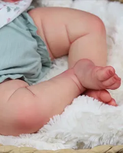 Close-up of lifelike 3D skin texture and creases on realistic reborn baby doll legs