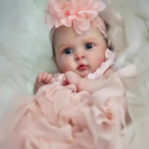 Realistic Reborn Baby Doll Handmade Soft Silicone Cotton Body Visible Veins Pink Lace Princess Dress Floral Headband Toy Gift