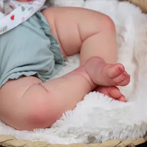 Realistic 49cm reborn doll leg detail featuring 3D painted skin texture in a basket