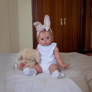 Realistic Reborn Baby Doll Soft Silicone Head Limbs Cloth Body Blue Eyes Blonde Hair Cute Bunny Ear Outfit For Children Gift