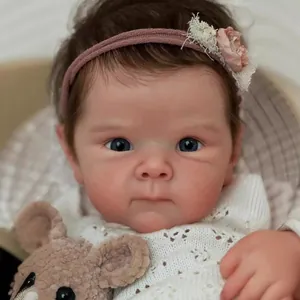 Detailed close-up of 18-inch realistic reborn doll with lifelike skin and knitted outfit