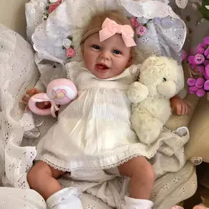 Handmade Reborn Baby Doll Lifelike Soft Silicone Cloth Body Realistic Newborn Doll White Lace Dress Pink Bow Headband Toy
