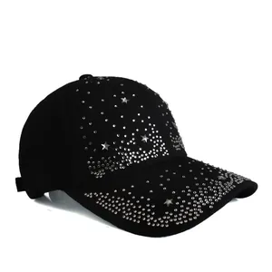 Black baseball cap for women with sparkling rhinestones and silver star decorations