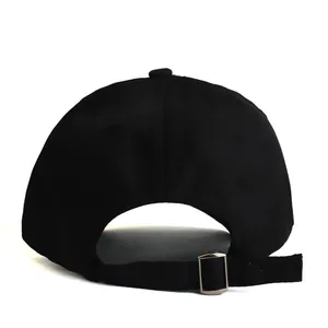 Rear view of black cotton baseball cap with adjustable silver metal buckle and strap