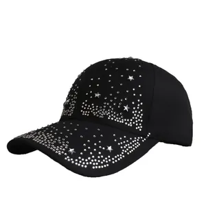 Black cotton baseball cap with silver rhinestones and star studs in 45-degree side view