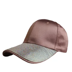 Women's brown satin baseball cap with colorful rhinestones on brim and glossy finish