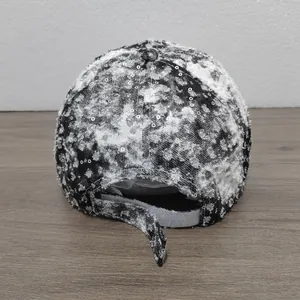 Distressed vintage baseball cap with silver sequins and denim tie-dye finish for women