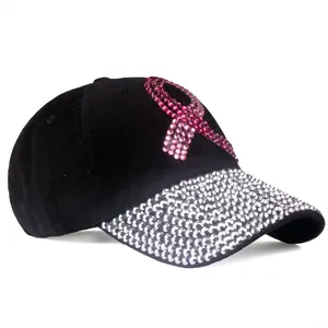 Casquette de baseball noire en daim pour femme avec visière en strass et ruban rose