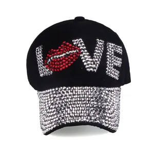 Women's black cotton baseball cap featuring LOVE rhinestone design and sparkling brim