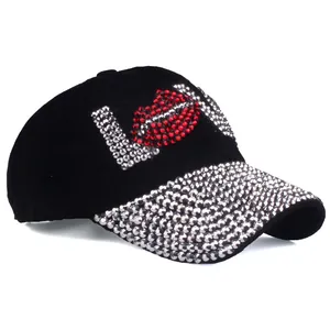 Black stylish baseball cap for women with rhinestone LOVE and red lip embroidery