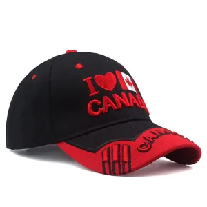 Casquette de baseball noir et rouge avec broderie I Love Canada et vue latérale détaillée