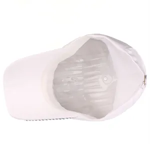 Detail of white cotton baseball cap with blue rhinestone trim and metal back buckle