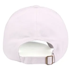 Detail view of white cotton baseball cap with adjustable metal buckle on back