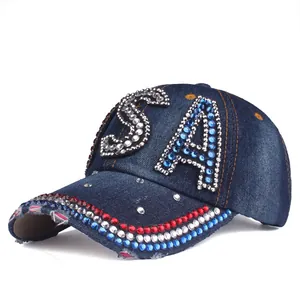 Dark denim baseball cap with sparkling USA rhinestone lettering and US flag colors