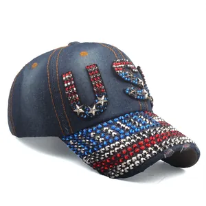 Women's denim USA baseball cap featuring rhinestones and distressed navy blue fabric