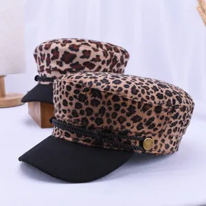Women's Vintage Leopard Print Newsboy Hat Fashion Cotton Woolen Baker Boy Cap With Metal Button Braided Rope Sailor Hat
