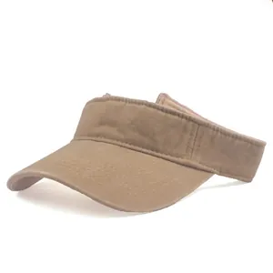 Detail view of khaki washed cotton sun visor with vintage texture and curved brim
