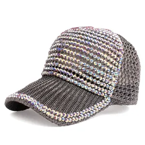 Macro detail of breathable grey mesh baseball cap with shiny iridescent rhinestones