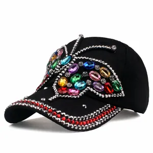 Dames Mode Katoen Vlinder Strass Honkbalpet Verstelbare Bling Kristal Zonnehoed Voor Casual Outdoor Feest Hoofddeksels