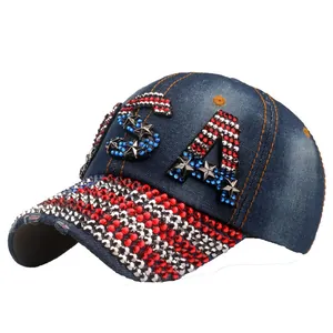 Women's denim baseball cap with USA rhinestone pattern and sparkling star decorations