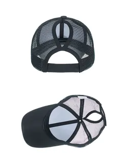 Detail view of black ponytail baseball cap with adjustable mesh back and velcro strap closure