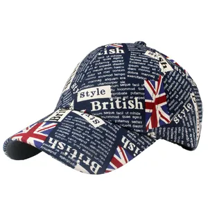 Britse stijl marineblauwe baseballpet met Union Jack en kranten graffiti print patroon