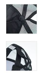 Detail of breathable black mesh material and adjustable velcro strap on baseball cap