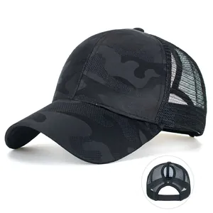 Women Camo Ponytail Baseball Cap Mesh Breathable Trucker Hat Adjustable Outdoor Sun Protection Cotton Blend Sporty Hat